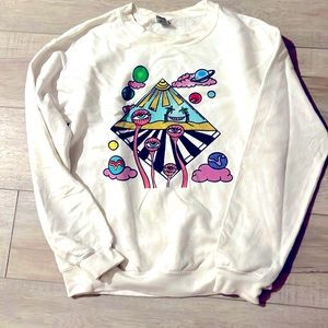 Trippy Sweatshirt SMALL white colorful cosmic beach space eye planets abstract